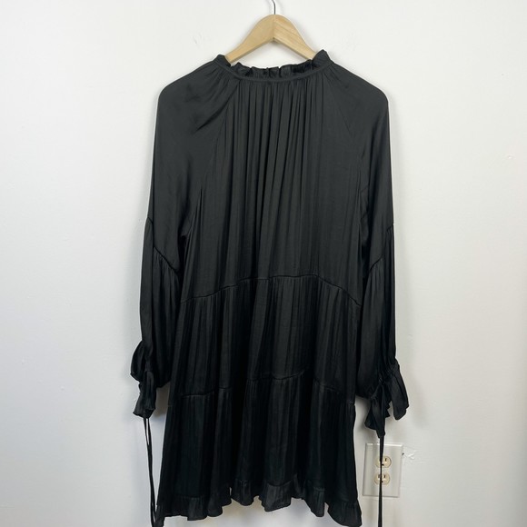 Anthropologie OPT Black Silky Long Sleeve Tiered Dress - Picture 2 of 5